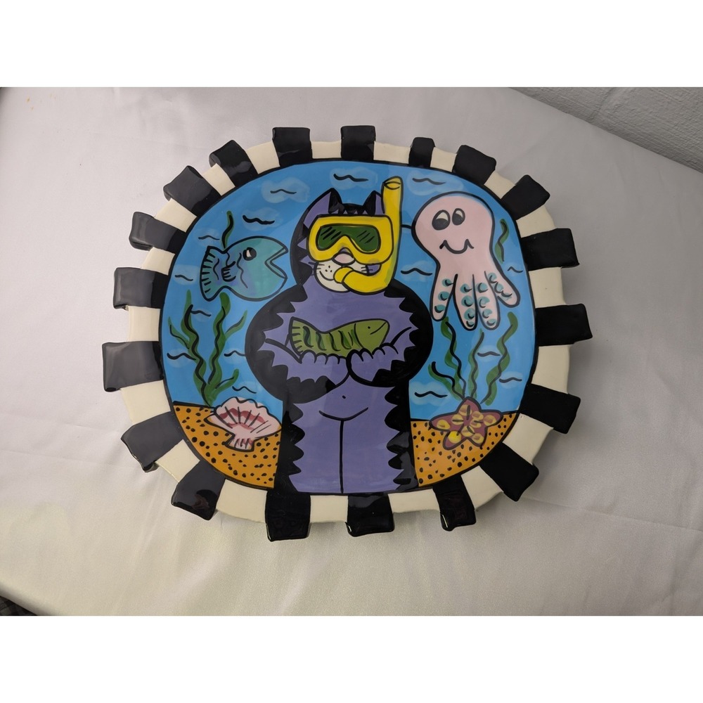 Jay and Toni Mann Pottery Cool Cat Diver Octopus Fish‎ Ceramic Plate